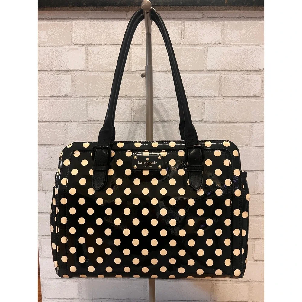 Kate Spade New York Polka Dot Patent Leather Shoulder Bag Black Cream Tote